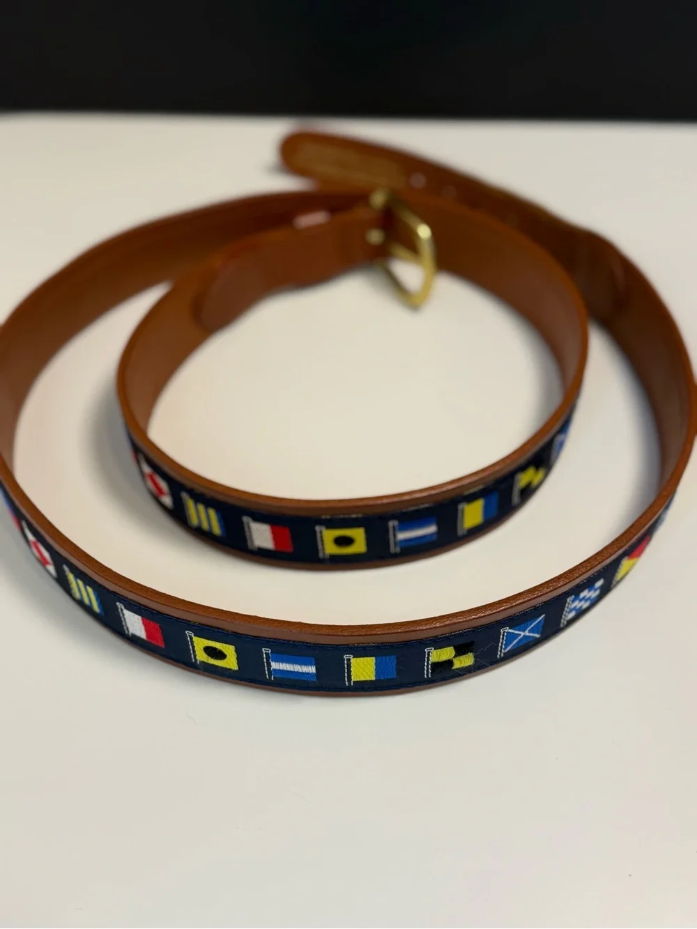 Leather Man Ltd Brown Leather Belt Nautical Flag Ribbon and Brass Buckle Size 46